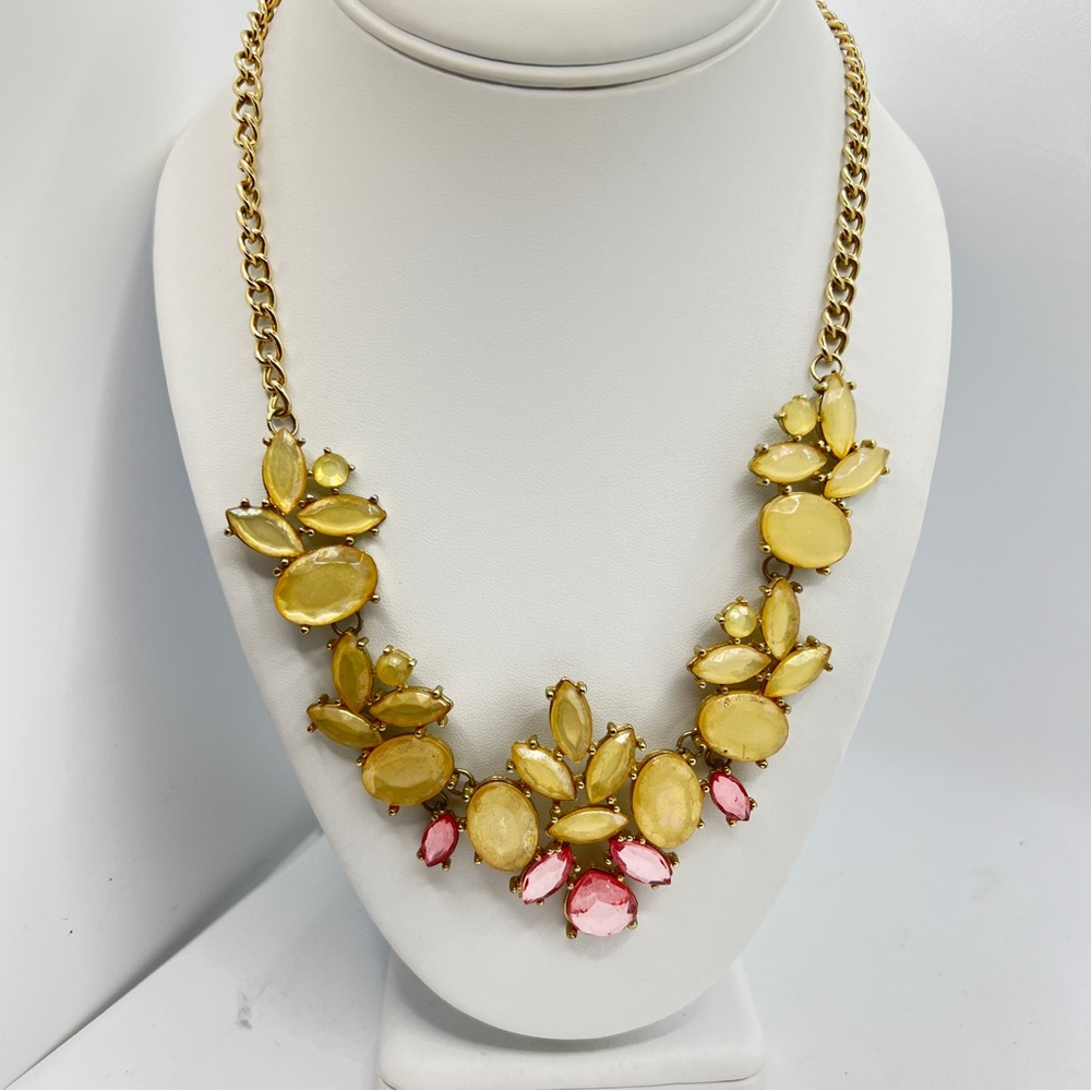 Cabochon Bib Necklace Floral Pale Yellow Pink Goldtone Statement Vintage Vibe
